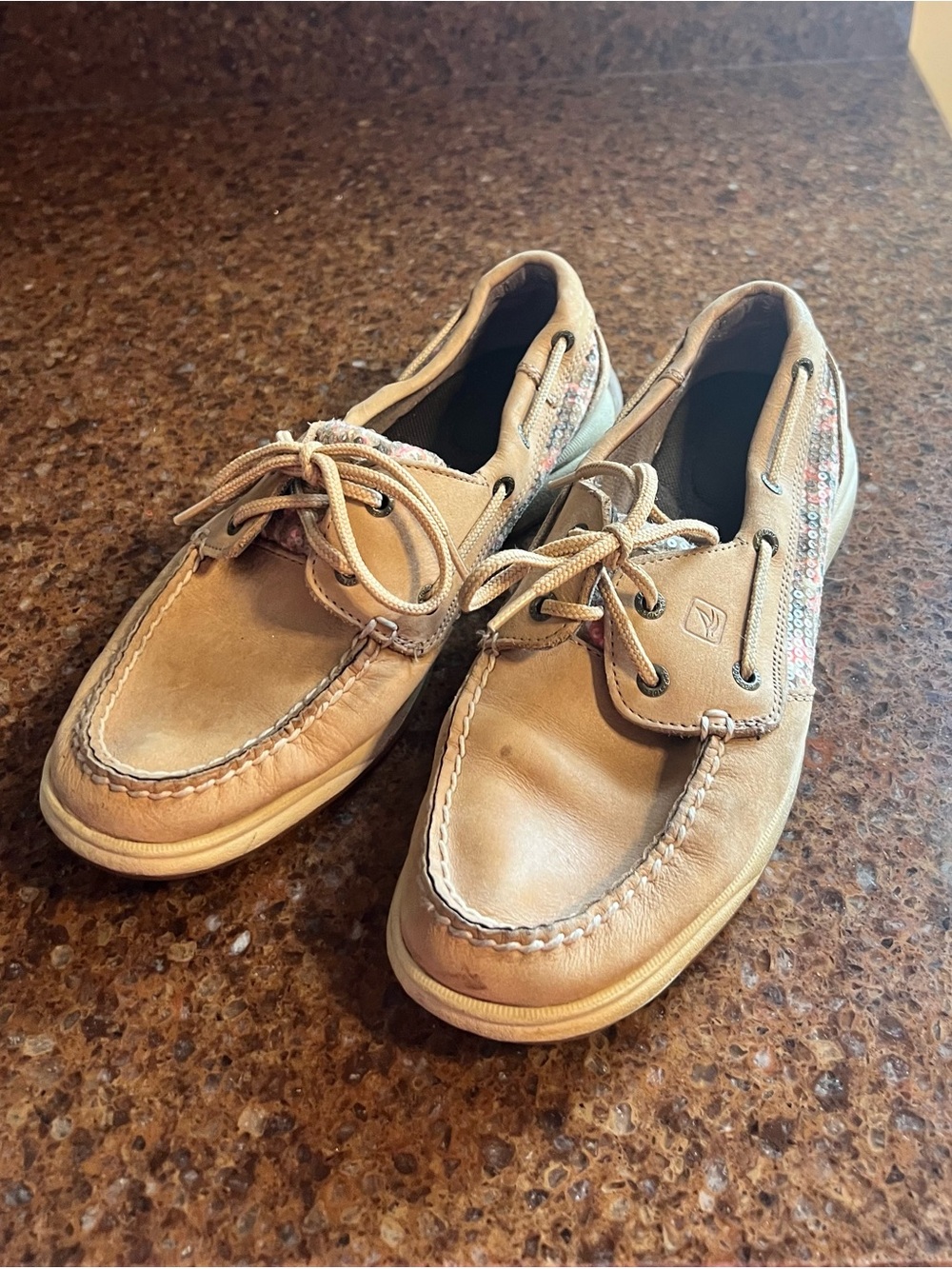 Sperry Tan Leather Boat Shoes with Sequin Side Trim